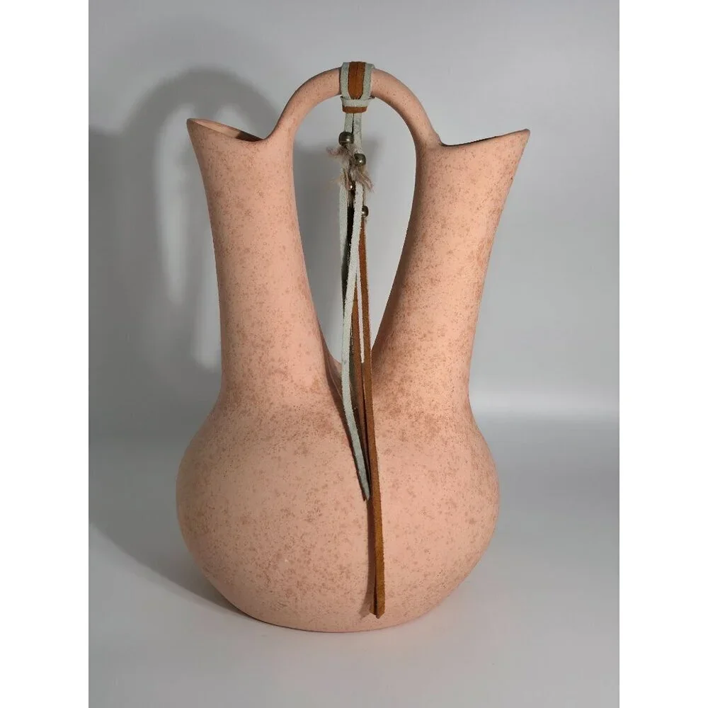 Double Spout Terracotta Vase Leather Accent Pink Beige Sandstone Finish Vintage